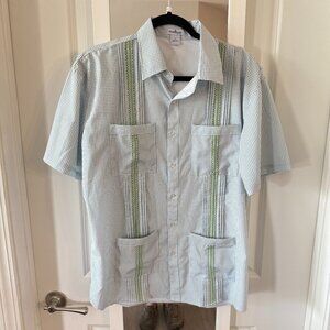 Men's Blue Quail Guayabera Short Sleeve Size Medium Color White Blue Green